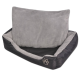 Ein gemütliches Haustierbett mit einem weichen grauen Fleece-Kissen und einem schwarzen Außenstoff, mit einem Pfotenabdruck-Logo an der Seite.