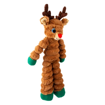 Jouet pour chien en peluche renne avec fourrure brune, pattes vertes, yeux bleus et nez rouge sur fond blanc.
