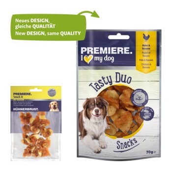 Two pet snack packages: left "Snack It" (yellow, chicken), right "Tasty Duo Snacks" (white, chicken and banana), both marked "New DESIGN, same QUALITY."