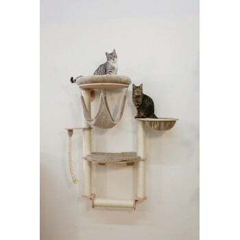 Zwei Katzen sitzen auf einem beigen wandmontierten Kratzbaum mit Hängematte, Seil und gepolsterten Plattformen.