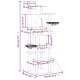 Katzenbaumdiagramm mit in Zentimetern und Zoll beschrifteten Abmessungen, das mehrere Plattformen, ein Haus und hängende Schalen zeigt.
