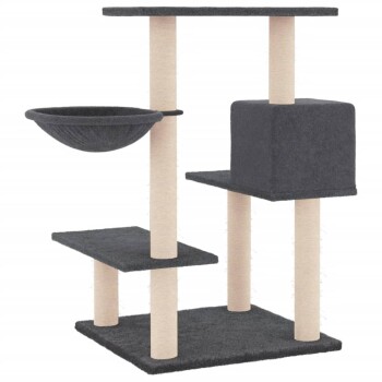 Ein grauer Katzenbaum mit mehreren Ebenen, einer gemütlichen Hängematte und einem würfelförmigen Versteck, entworfen für Katzen zum Spielen und Entspannen.