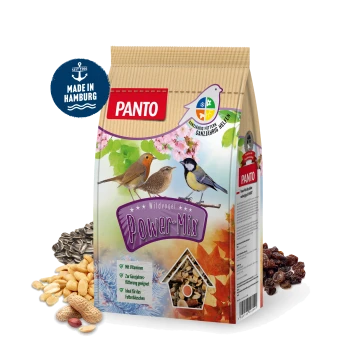 Eine Tüte PANTO Wildvogel Power-Mix Vogelfutter, die bunte Vogel- und Blumenillustrationen zeigt, mit Text über Vitamine und ganzjährige Verwendung.
