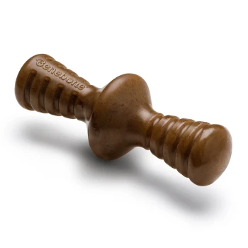 A brown Benebone dog chew toy shaped like a dumbbell, featuring textured grips for easy handling.