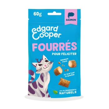 Pochette bleue Edgard Cooper 60 g pour friandises pour chats portant la mention 'FOURRÉS POUR FÉLICITER', chat souriant, bouchées fourrées au saumon, 'Saumon'.