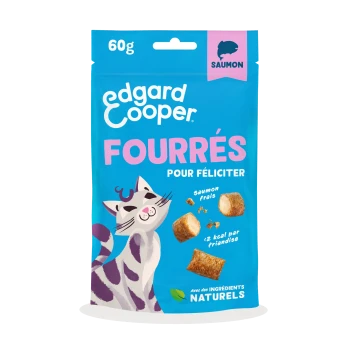 Blue 60g Edgard Cooper cat treat pouch reading 'FOURRÉS POUR FÉLICITER', smiling cat, salmon-filled bites, 'Saumon'.