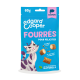 Pochette bleue Edgard Cooper 60 g pour friandises pour chats portant la mention 'FOURRÉS POUR FÉLICITER', chat souriant, bouchées fourrées au saumon, 'Saumon'.