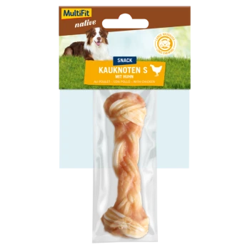 Friandise à mâcher pour chien "Kauknoten S mit Huhn" dans un emballage, présentant une friandise en forme d'os faite avec du poulet, adaptée pour une longue mastication.