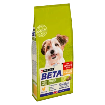 Purina Beta Small Breed Adult dog food bag, featuring a green background, claims "New Improved Recipe" and lists chicken as the #1 ingredient.