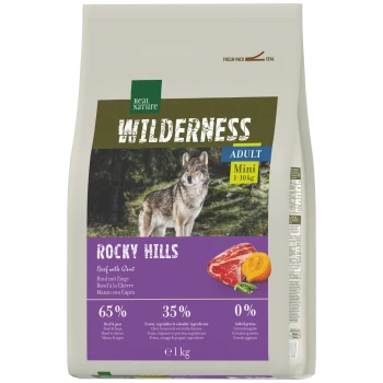 Real Nature Wilderness 'Rocky Hills' 1 kg Hundefutterbeutel mit Wolfsbild — Rind & Ziege, ADULT Mini 1-10 kg, 65%/35%/0%.