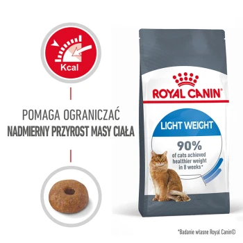 Torba z karmą dla kotów Royal Canin Light Weight z kotem, kawałkiem suchej karmy i tekstem stwierdzającym "90% kotów osiągnęło zdrowszą wagę w 8 tygodni."