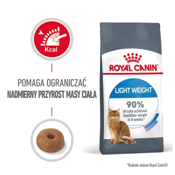 Torba z karmą dla kotów Royal Canin Light Weight z kotem, kawałkiem suchej karmy i tekstem stwierdzającym "90% kotów osiągnęło zdrowszą wagę w 8 tygodni."