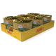 Tray mit 12 Dosen JosiCat Finest Mousse Nassfutter für Katzen mit Hühnergeschmack, je 85g, mit Katzenbild auf dem Etikett.
