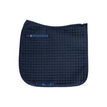 Marineblaue, gesteppten Sattelunterlage mit strukturierter Oberfläche und zwei Befestigungsriemen, entworfen für den Reitsport.