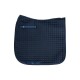 Marineblaue, gesteppten Sattelunterlage mit strukturierter Oberfläche und zwei Befestigungsriemen, entworfen für den Reitsport.