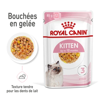 Pochette de nourriture Royal Canin pour chatons, 85g x 12, présentant des morceaux de gelée tendre pour les chatons jusqu'à 12 mois, avec une image de chat et un texte en français.