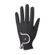 Schwarze Haustierpflegehandschuh mit strukturierter Oberfläche und weißem Rand, mit kleinem Logo am Handgelenk.