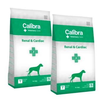 Canine Renal/Cardiac 2x2 kg Zwei Säcke von Calibra Veterinary Diets beschriftet mit "Renal & Cardiac" für Hunde, mit einem grün-weißen Design und einer Hundesilhouette sowie medizinischen Symbolen.