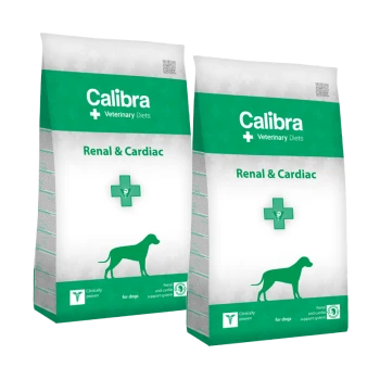 Zwei Säcke von Calibra Veterinary Diets beschriftet mit "Renal & Cardiac" für Hunde, mit einem grün-weißen Design und einer Hundesilhouette sowie medizinischen Symbolen.