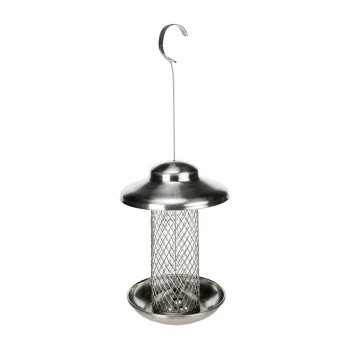 Stainless steel bird feeder with a mesh center and a circular base, designed for hanging outdoors.