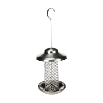 Stainless steel bird feeder with a mesh center and a circular base, designed for hanging outdoors.