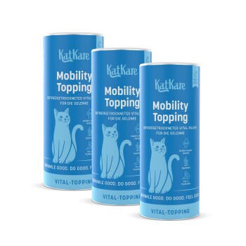 Drei blaue KatKare 'Mobility Topping'-Dosen für Katzen mit Katzenillustration und sichtbarem Text 'Mobility Topping' sowie deutscher Beschreibung.