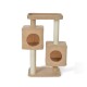 A beige cat tree with two cubed hideaways and a top platform, featuring sisal-wrapped scratching posts.