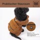 Ein schwarzer Hund in einer braunen gesteppte Jacke mit einem "PAW WOW"-Logo auf weißem Hintergrund. Text: "Praktischer Stauraum" und "Tasche mit Reißverschluss."