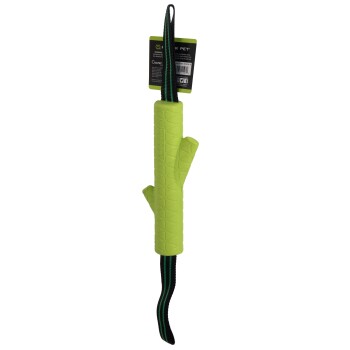 Felgroen hondenspeelgoed in de vorm van een stok met een gestructureerde grip en een zwarte riem, gelabeld 'Hyper Pet.'