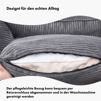 Graues Haustierbett mit abnehmbarem Bezug, mit einem Reißverschluss für einfache Reinigung. Text in Deutsch hebt sein alltägliches Design und die Pflegeleichtigkeit hervor.
