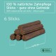 100% natürliche Zahnpflege-Sticks ohne Getreide, in einem Stapel von sechs präsentiert, jeder etwa 10 cm lang.