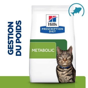 Sac de nourriture pour chats Hill's Prescription Diet Metabolic avec un chat tigré portant un collier bleu, étiqueté "Gestion du Poids."