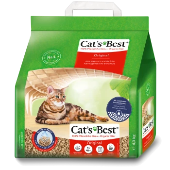 Groene Cat's Best Original kattenbakvulling zak met een tabby kat die ligt, en de organische en geurcontrole kenmerken toont.