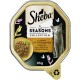 Verpackung für Sheba Seasons Collection Katzenfutter mit Lamm und Frühlingsgemüse, 85g, mit einer Schüssel Futter und dekorativen floralen Elementen.