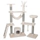 Een beige kattenboom met meerdere niveaus, een hangmat, krabpalen en hangende speeltjes, ontworpen voor katten om te spelen en te rusten.