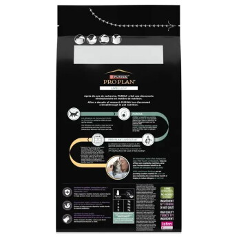 Sac noir de nourriture pour chats Purina Pro Plan LiveClear avec logo, icônes, photo circulaire de chat et tableaux nutritionnels.