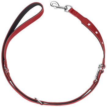 Rote Hundeleine mit schwarzem Innenraum, ausgestattet mit silbernen Sternen und einem Metallclip zur Befestigung.