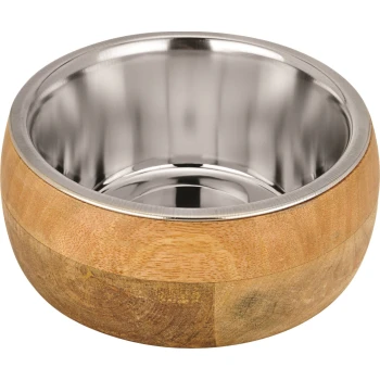Bol pour animaux de compagnie en acier inoxydable avec une base en bois, présentant un intérieur lisse et un bord poli.
