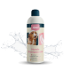 Flasche 'nümo Hunde Shampoo' für empfindliche Hunde, mit einem Hundebild und Text in mehreren Sprachen, mit einem Spritzer Wasser im Hintergrund.