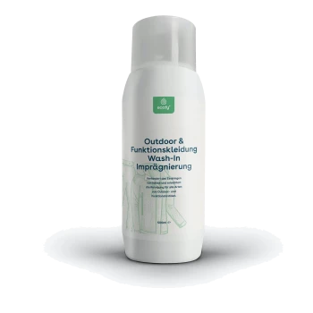 Flasche von ecofy Outdoor & Functional Clothing Wash-In Impregnation, 500ml, mit Text, der seine schützenden und reinigenden Eigenschaften beschreibt.