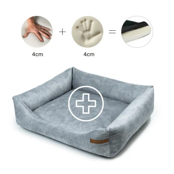 Graues Haustierbett mit erhöhten Rändern, mit einem Pluszeichen-Symbol und Illustrationen, die eine 4 cm Handabdruck- und Schaumstoffschichten zeigen.