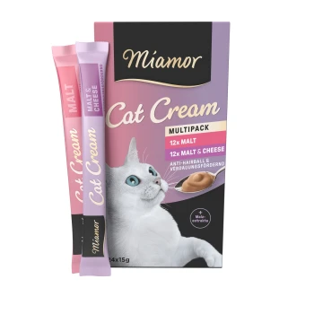 Miamor Cat Cream Multipack mit 12 Tuben Malz und 12 Tuben Malz & Käse, mit einer weißen Katze auf der Verpackung.