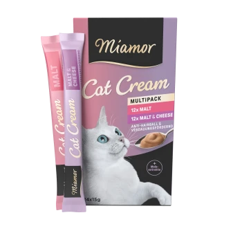 Miamor Cat Cream Multipack mit 12 Tuben Malz und 12 Tuben Malz & Käse, mit einer weißen Katze auf der Verpackung.