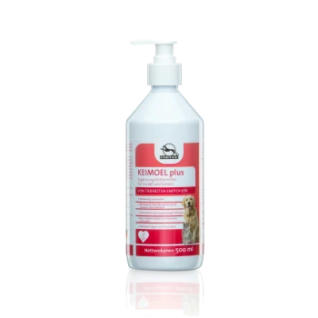 Flasche KEIMOEL plus, ein Nahrungsergänzungsmittel für Hunde und Katzen, mit einem Pumpenspender und einem Etikett mit Nährwertangaben auf Deutsch.