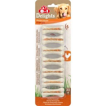8in1 Delights Hühnerknochen-Packung mit starkem Kauvergnügen für Hunde. Enthält Hühnerbrust, geeignet für kleine Hunde unter 5 kg.