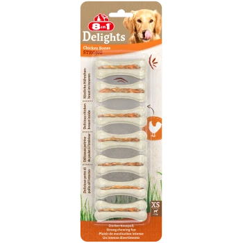 8in1 Delights Hühnerknochen-Packung mit starkem Kauvergnügen für Hunde. Enthält Hühnerbrust, geeignet für kleine Hunde unter 5 kg.