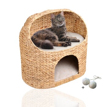 Rohrschneider ® Premium Katzenhöhle aus Wasserhyazinthe mit Gratis-Beigabe