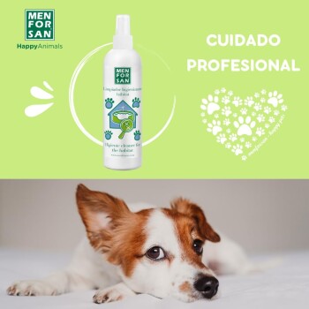 Men For San Haustierreinigerflasche auf grünem Hintergrund mit einem entspannten braun-weißen Hund. Text: "Cuidado Profesional" und "Limpador."