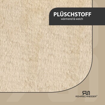 Plüschstoff in warmem Beige, beschriftet mit "wärmend & weich", ideal für Haustierbettwäsche oder Zubehör.
