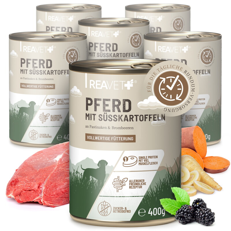 REAVET Hundenassfutter - Pferd mit Süßkartoffeln an Pastinaken & Brombeeren 6x400 g